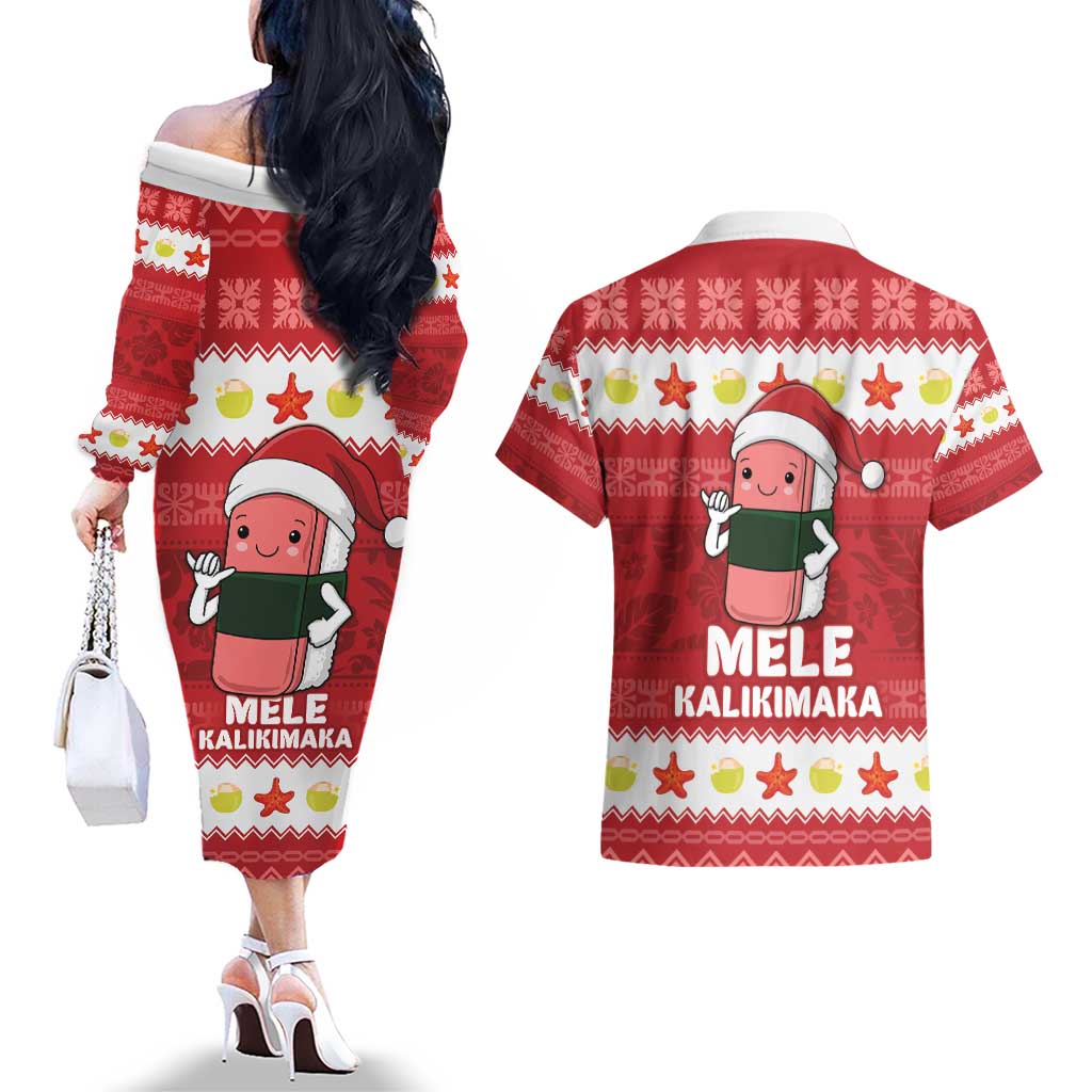 Hawaii Funny Christmas Couples Matching Off The Shoulder Long Sleeve Dress and Hawaiian Shirt Spam Musubi Santa