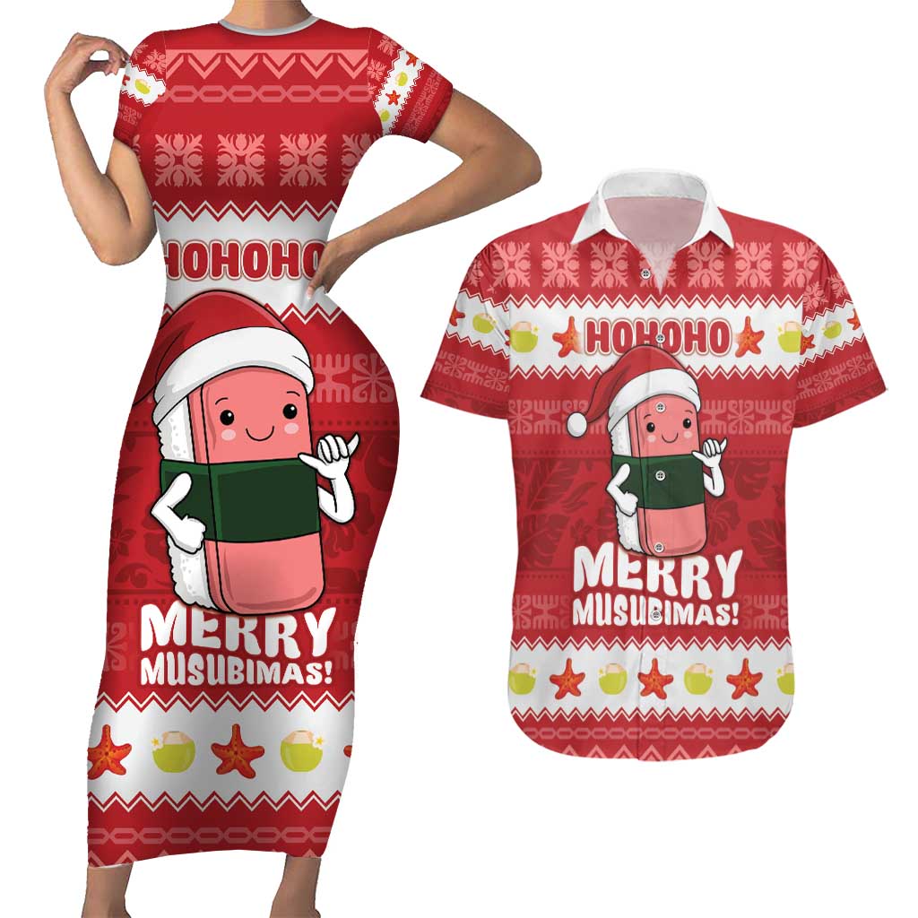 Hawaii Funny Christmas Couples Matching Short Sleeve Bodycon Dress and Hawaiian Shirt Spam Musubi Santa LT05 Red - Polynesian Pride