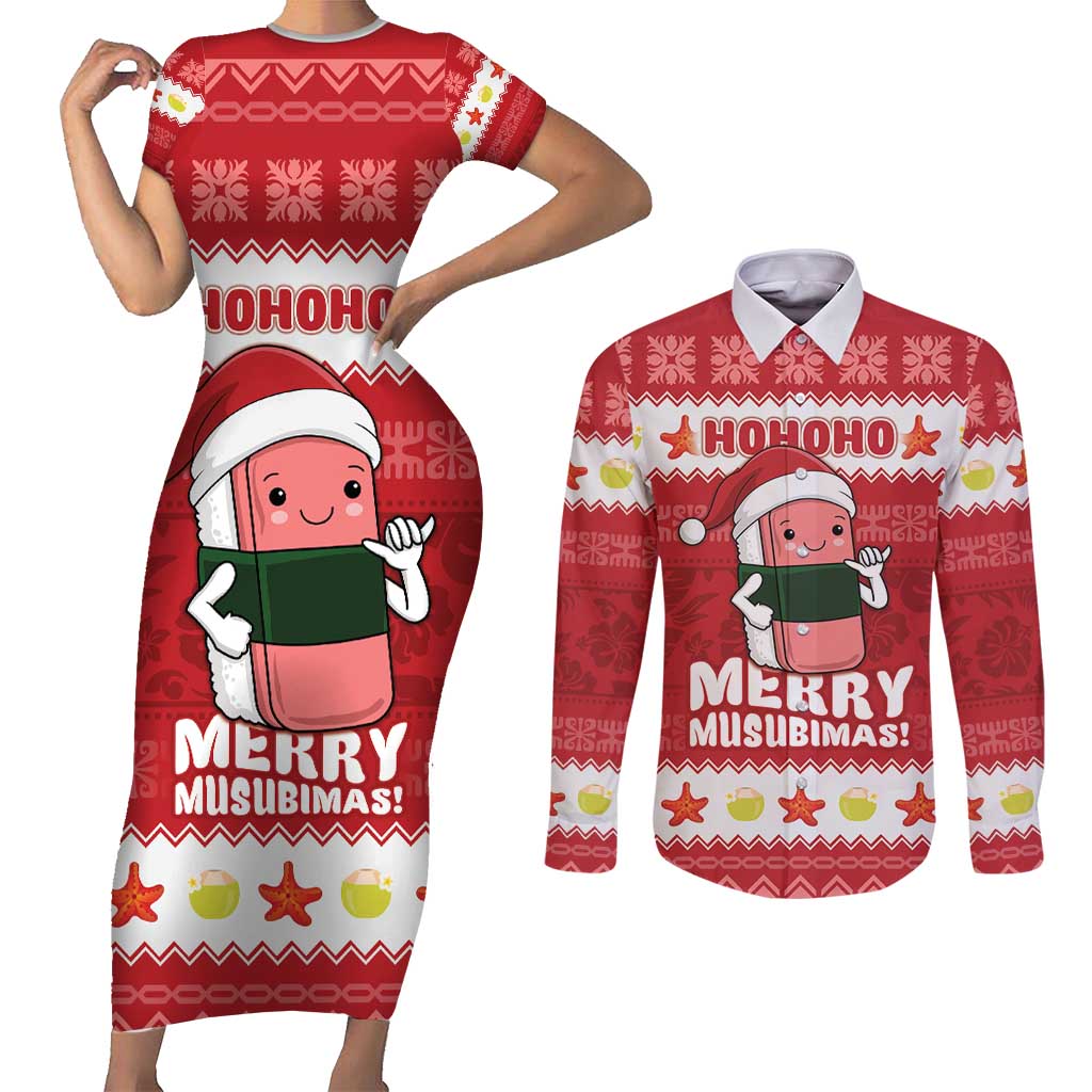 Hawaii Funny Christmas Couples Matching Short Sleeve Bodycon Dress and Long Sleeve Button Shirt Spam Musubi Santa