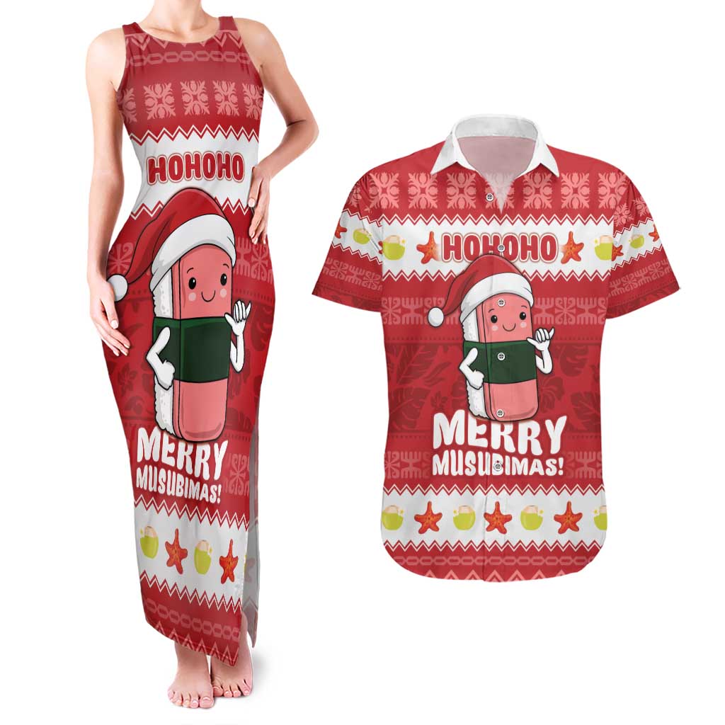 Hawaii Funny Christmas Couples Matching Tank Maxi Dress and Hawaiian Shirt Spam Musubi Santa