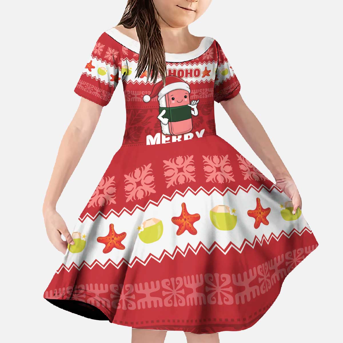 Hawaii Funny Christmas Family Matching Off The Shoulder Long Sleeve Dress and Hawaiian Shirt Spam Musubi Santa LT05 Daughter's Dress Red - Polynesian Pride