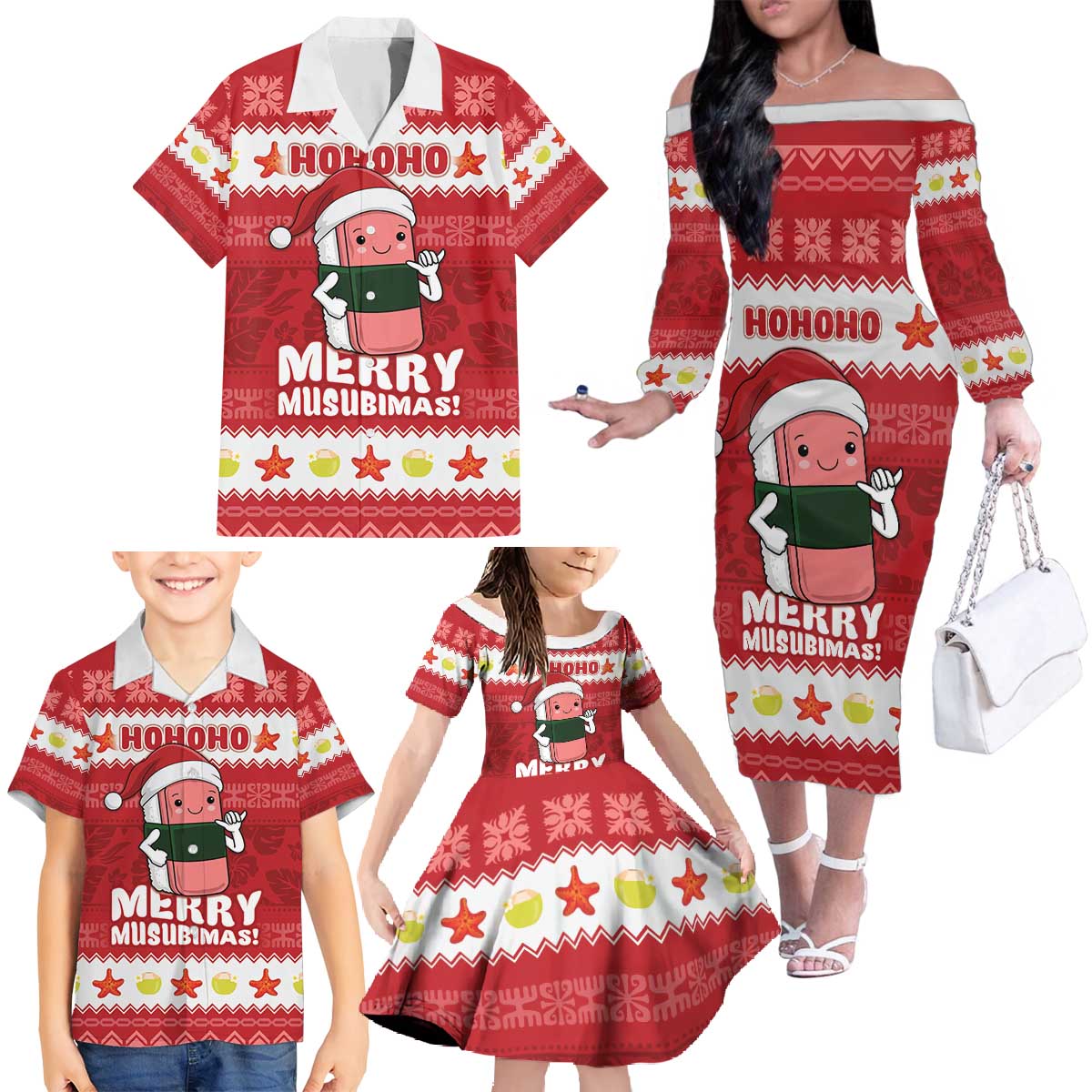 Hawaii Funny Christmas Family Matching Off The Shoulder Long Sleeve Dress and Hawaiian Shirt Spam Musubi Santa LT05 - Polynesian Pride