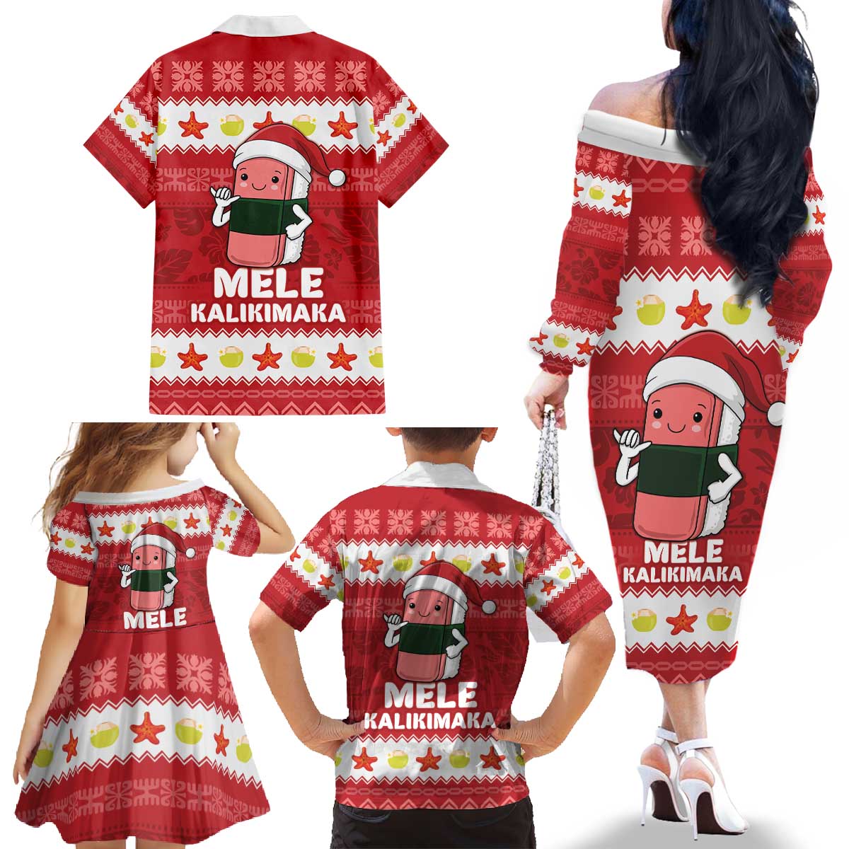 Hawaii Funny Christmas Family Matching Off The Shoulder Long Sleeve Dress and Hawaiian Shirt Spam Musubi Santa LT05 - Polynesian Pride