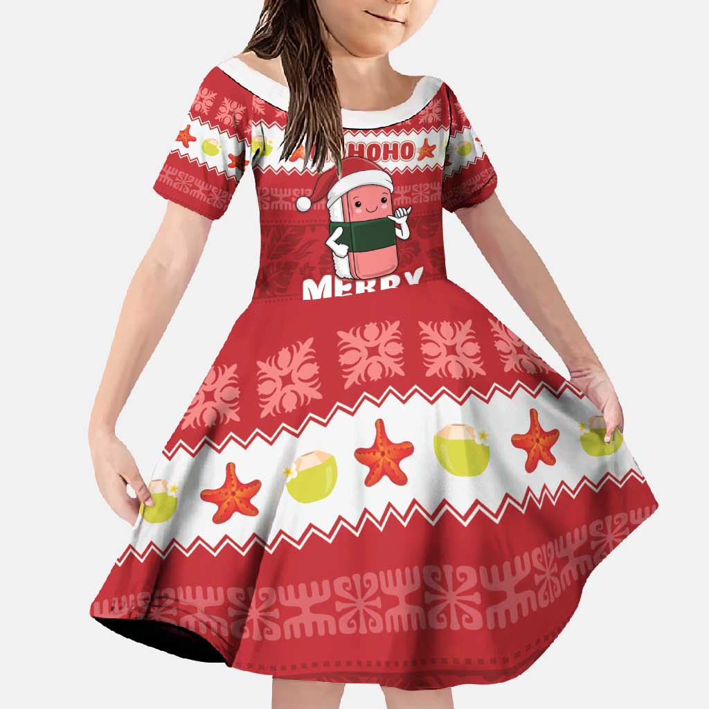 Hawaii Funny Christmas Family Matching Off Shoulder Maxi Dress and Hawaiian Shirt Spam Musubi Santa LT05 Daughter's Dress Red - Polynesian Pride