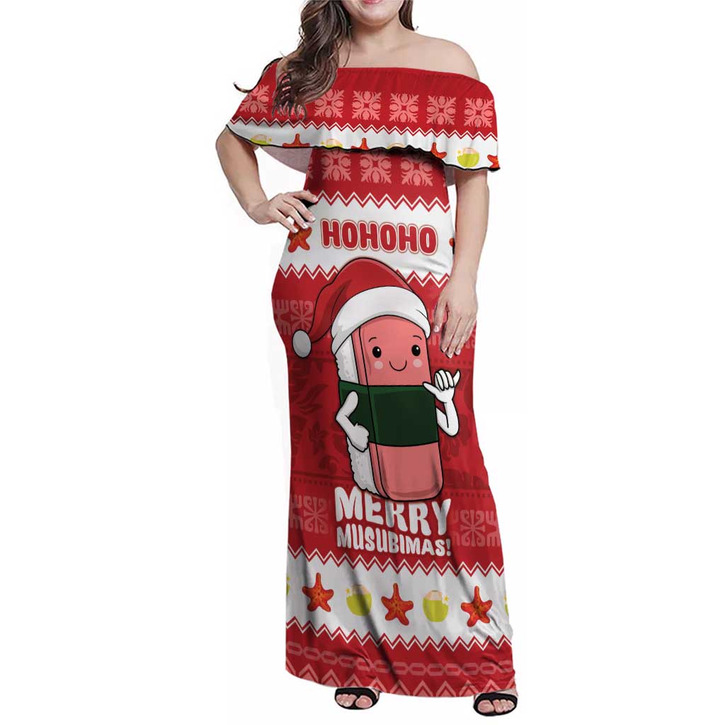 Hawaii Funny Christmas Family Matching Off Shoulder Maxi Dress and Hawaiian Shirt Spam Musubi Santa LT05 Mom's Dress Red - Polynesian Pride