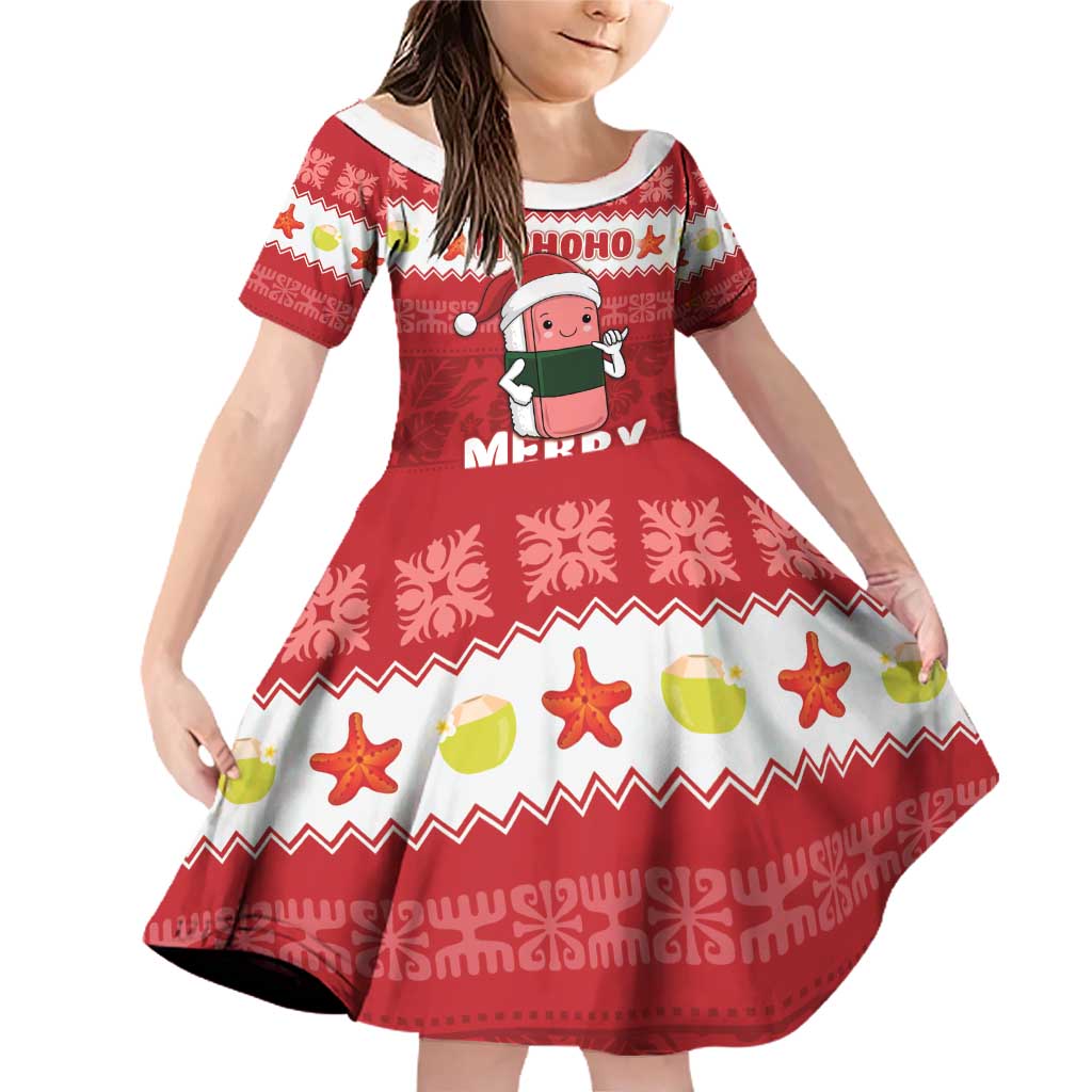 Hawaii Funny Christmas Family Matching Off Shoulder Short Dress and Hawaiian Shirt Spam Musubi Santa LT05 Daughter's Dress Red - Polynesian Pride