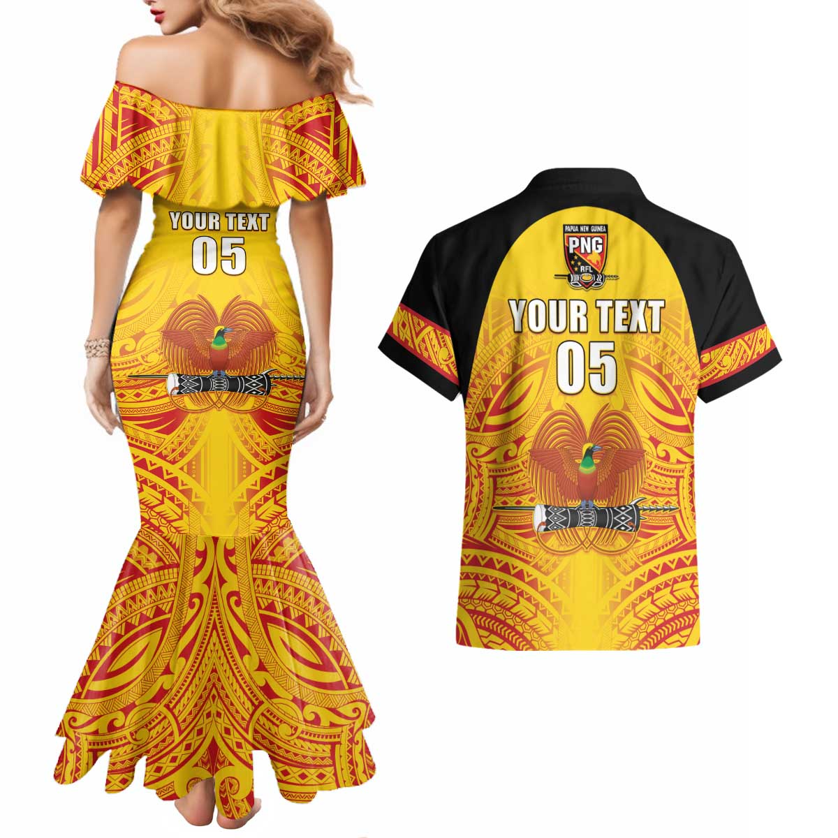 Papua New Guinea Rugby Custom Couples Matching Mermaid Dress and Hawaiian Shirt Kumul Pride Go Champions LT05 - Polynesian Pride