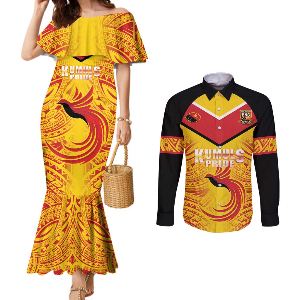 Papua New Guinea Rugby Custom Couples Matching Mermaid Dress and Long Sleeve Button Shirt Kumul Pride Go Champions LT05 Yellow - Polynesian Pride