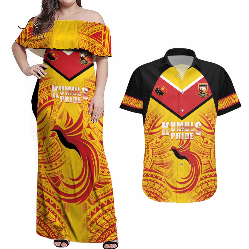 Papua New Guinea Rugby Custom Couples Matching Off Shoulder Maxi Dress and Hawaiian Shirt Kumul Pride Go Champions LT05 Yellow - Polynesian Pride