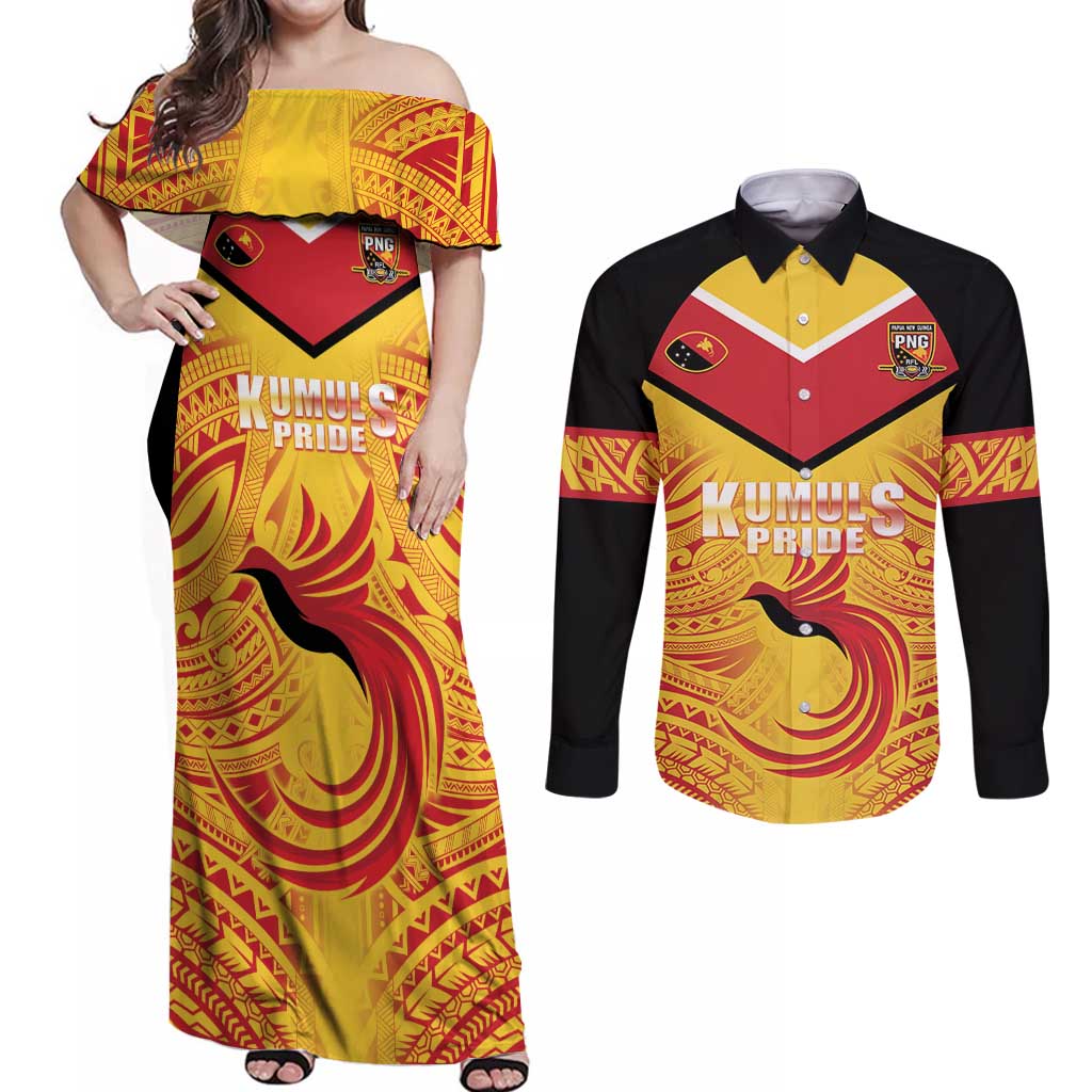 Papua New Guinea Rugby Custom Couples Matching Off Shoulder Maxi Dress and Long Sleeve Button Shirt Kumul Pride Go Champions LT05 Yellow - Polynesian Pride