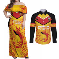 Papua New Guinea Rugby Custom Couples Matching Off Shoulder Maxi Dress and Long Sleeve Button Shirt Kumul Pride Go Champions LT05 Yellow - Polynesian Pride