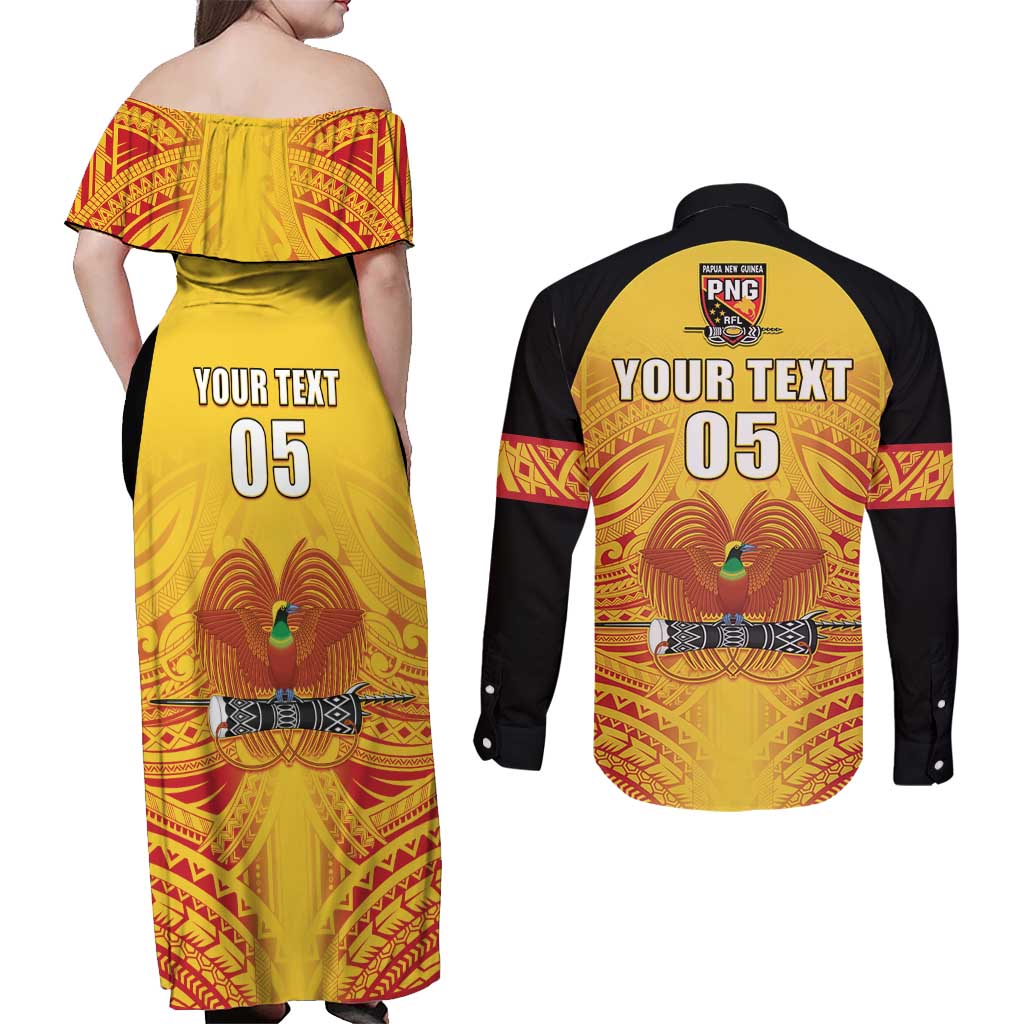 Papua New Guinea Rugby Custom Couples Matching Off Shoulder Maxi Dress and Long Sleeve Button Shirt Kumul Pride Go Champions LT05 - Polynesian Pride
