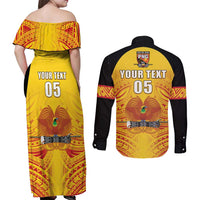Papua New Guinea Rugby Custom Couples Matching Off Shoulder Maxi Dress and Long Sleeve Button Shirt Kumul Pride Go Champions LT05 - Polynesian Pride
