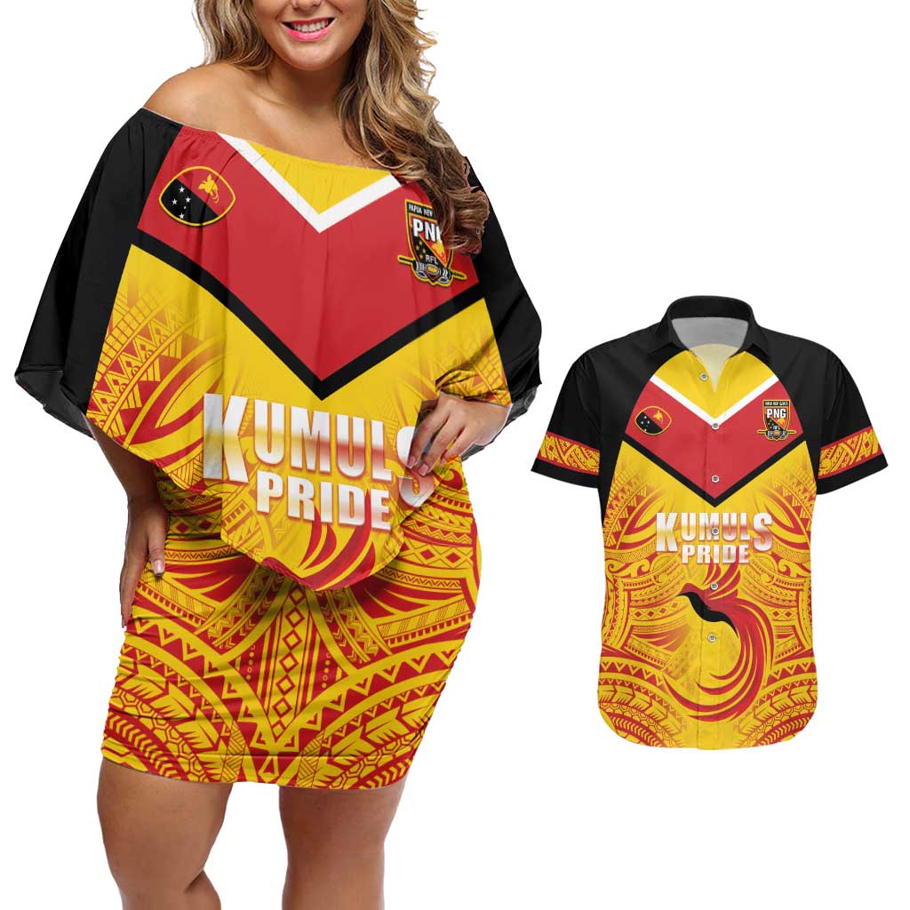 Papua New Guinea Rugby Custom Couples Matching Off Shoulder Short Dress and Hawaiian Shirt Kumul Pride Go Champions LT05 Yellow - Polynesian Pride