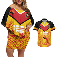Papua New Guinea Rugby Custom Couples Matching Off Shoulder Short Dress and Hawaiian Shirt Kumul Pride Go Champions LT05 Yellow - Polynesian Pride