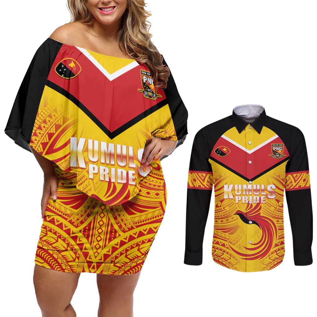 Papua New Guinea Rugby Custom Couples Matching Off Shoulder Short Dress and Long Sleeve Button Shirt Kumul Pride Go Champions LT05 Yellow - Polynesian Pride