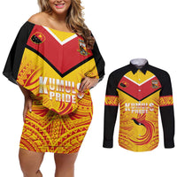 Papua New Guinea Rugby Custom Couples Matching Off Shoulder Short Dress and Long Sleeve Button Shirt Kumul Pride Go Champions LT05 Yellow - Polynesian Pride