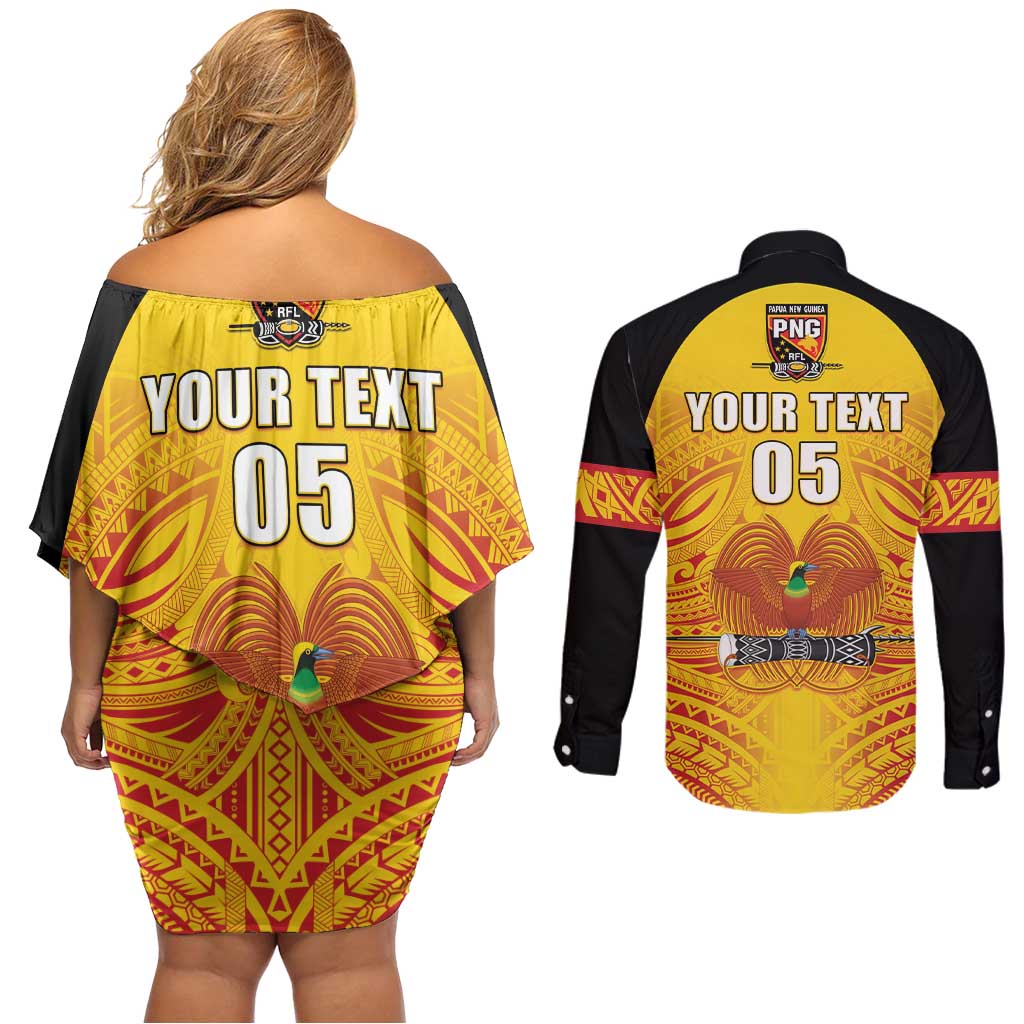 Papua New Guinea Rugby Custom Couples Matching Off Shoulder Short Dress and Long Sleeve Button Shirt Kumul Pride Go Champions LT05 - Polynesian Pride