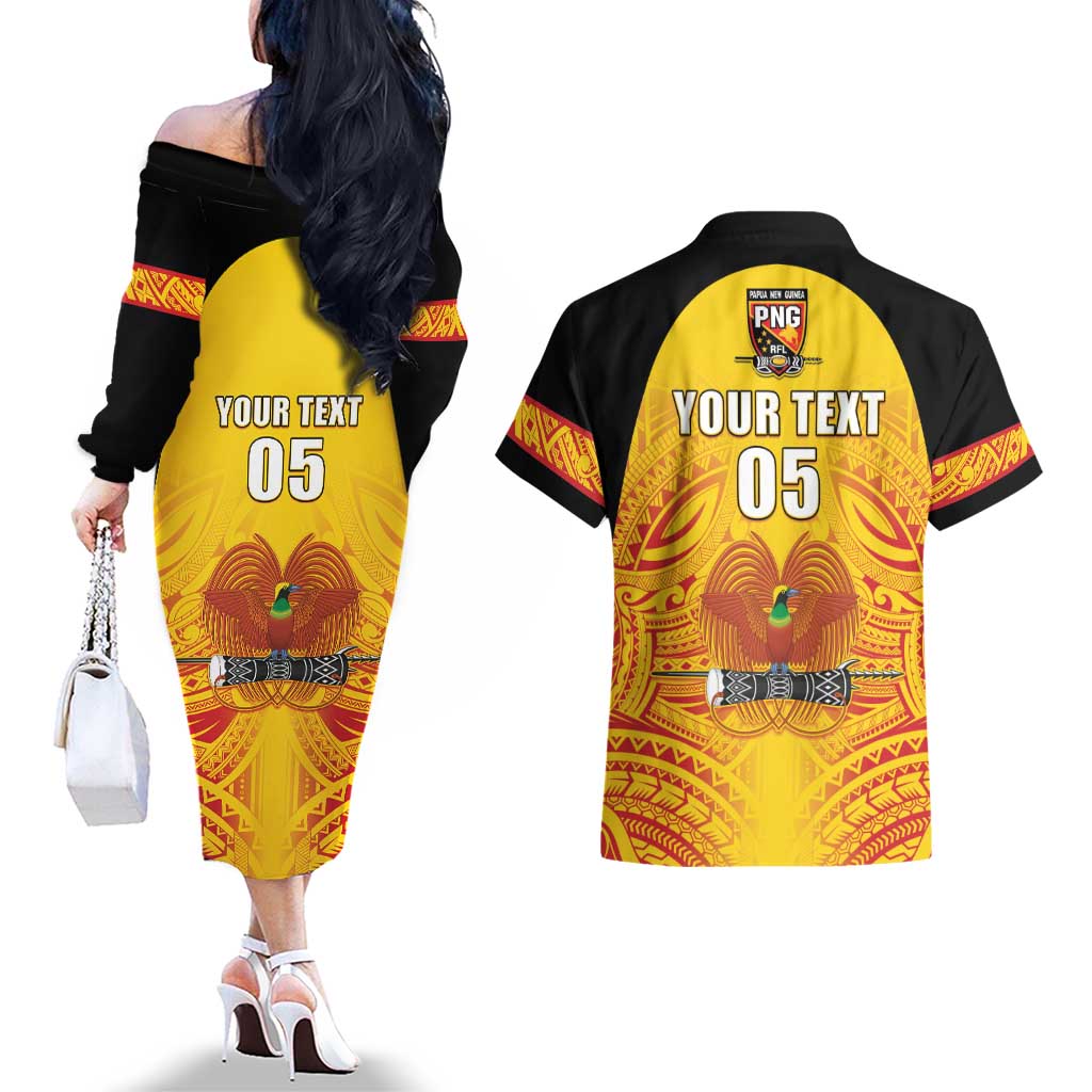 Papua New Guinea Rugby Custom Couples Matching Off The Shoulder Long Sleeve Dress and Hawaiian Shirt Kumul Pride Go Champions LT05 - Polynesian Pride