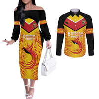 Papua New Guinea Rugby Custom Couples Matching Off The Shoulder Long Sleeve Dress and Long Sleeve Button Shirt Kumul Pride Go Champions LT05 Yellow - Polynesian Pride
