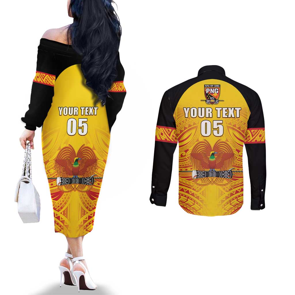 Papua New Guinea Rugby Custom Couples Matching Off The Shoulder Long Sleeve Dress and Long Sleeve Button Shirt Kumul Pride Go Champions LT05 - Polynesian Pride