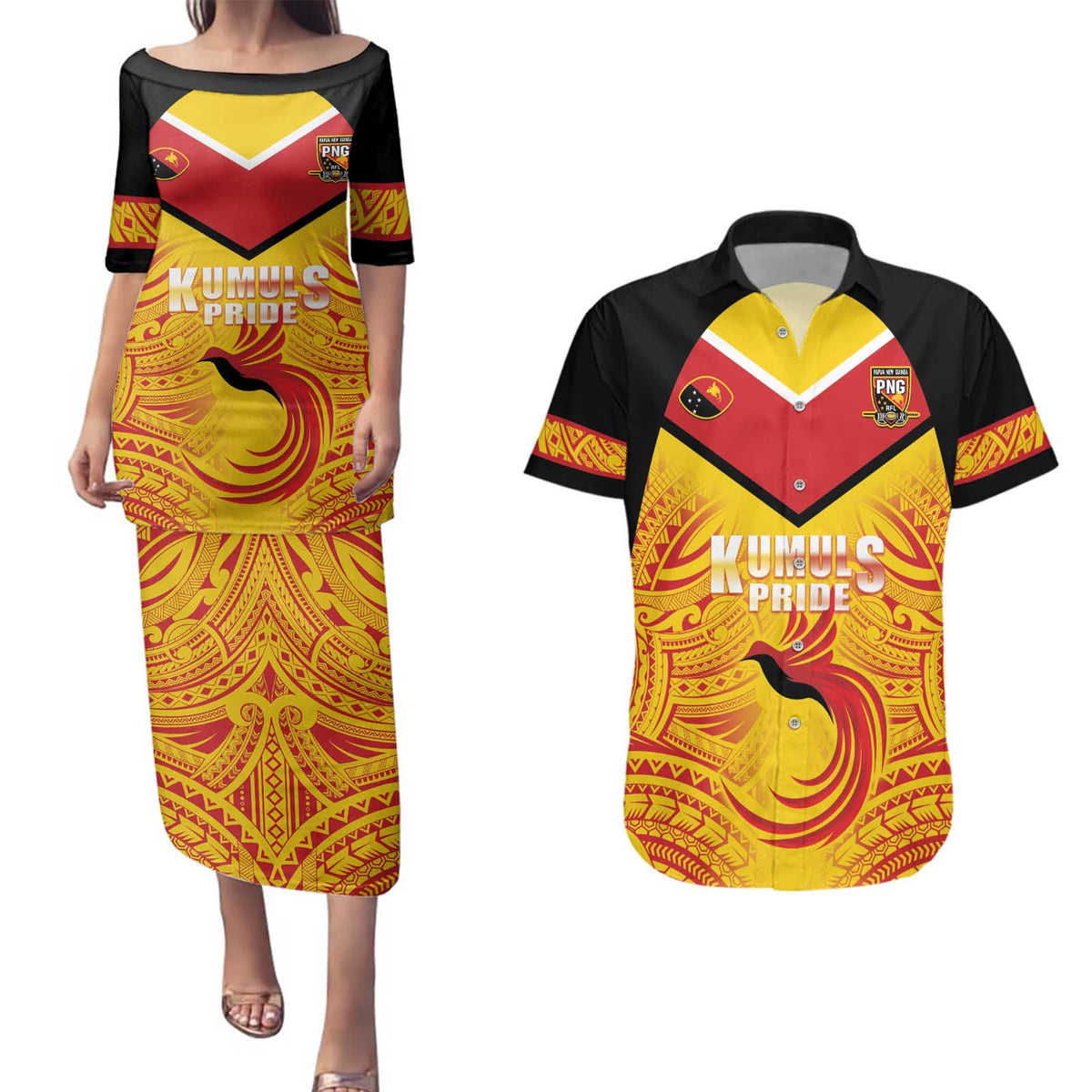 Papua New Guinea Rugby Custom Couples Matching Puletasi and Hawaiian Shirt Kumul Pride Go Champions LT05 Yellow - Polynesian Pride