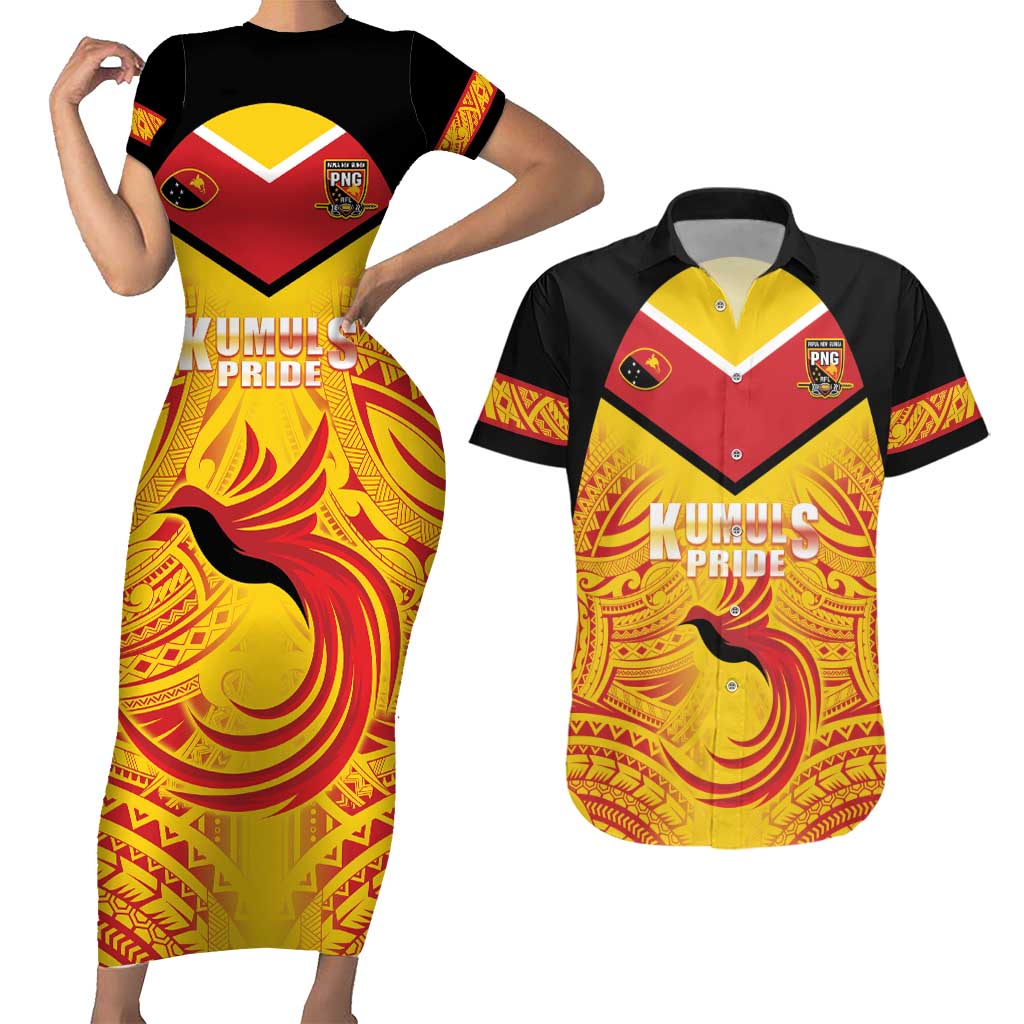 Papua New Guinea Rugby Custom Couples Matching Short Sleeve Bodycon Dress and Hawaiian Shirt Kumul Pride Go Champions LT05 Yellow - Polynesian Pride
