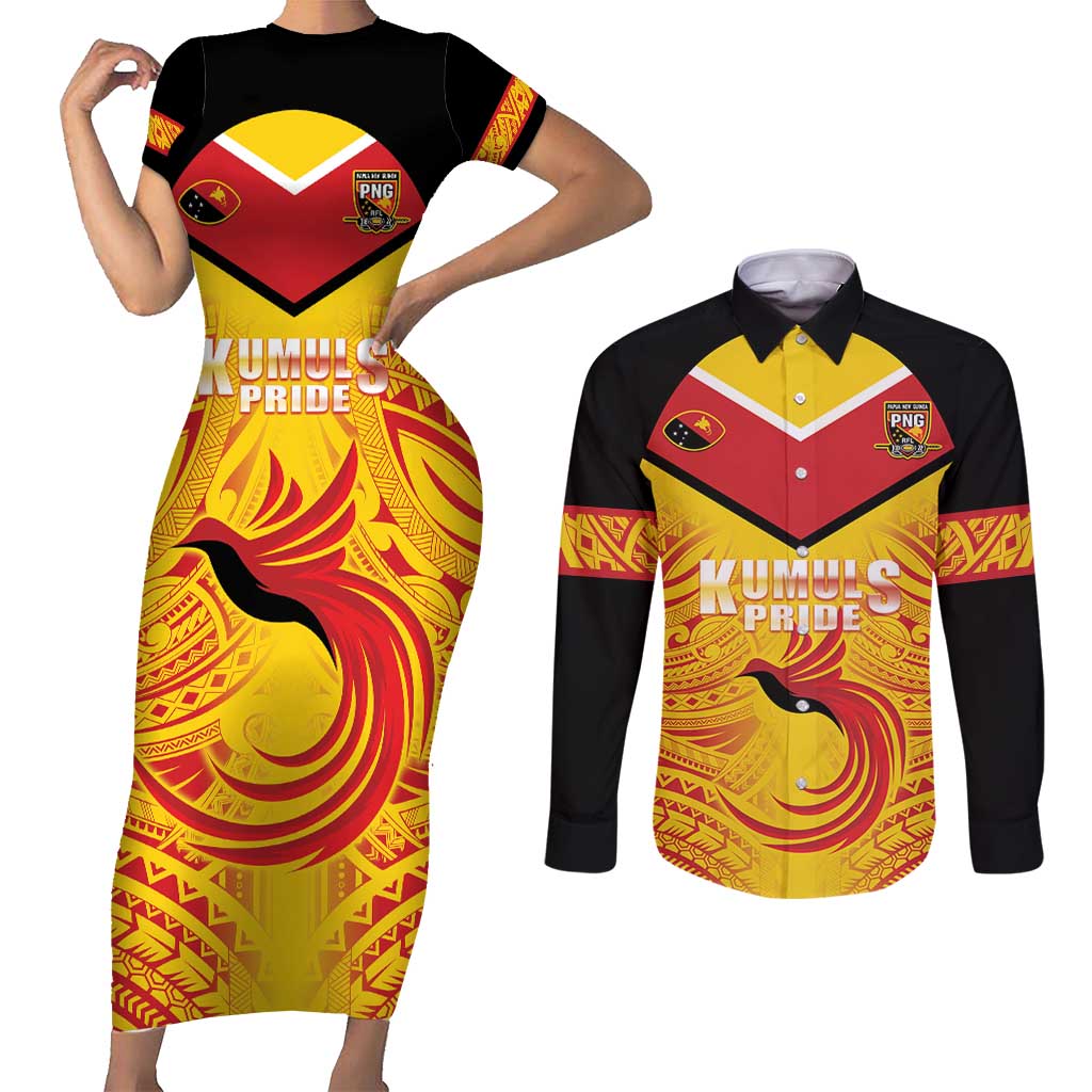 Papua New Guinea Rugby Custom Couples Matching Short Sleeve Bodycon Dress and Long Sleeve Button Shirt Kumul Pride Go Champions LT05 Yellow - Polynesian Pride