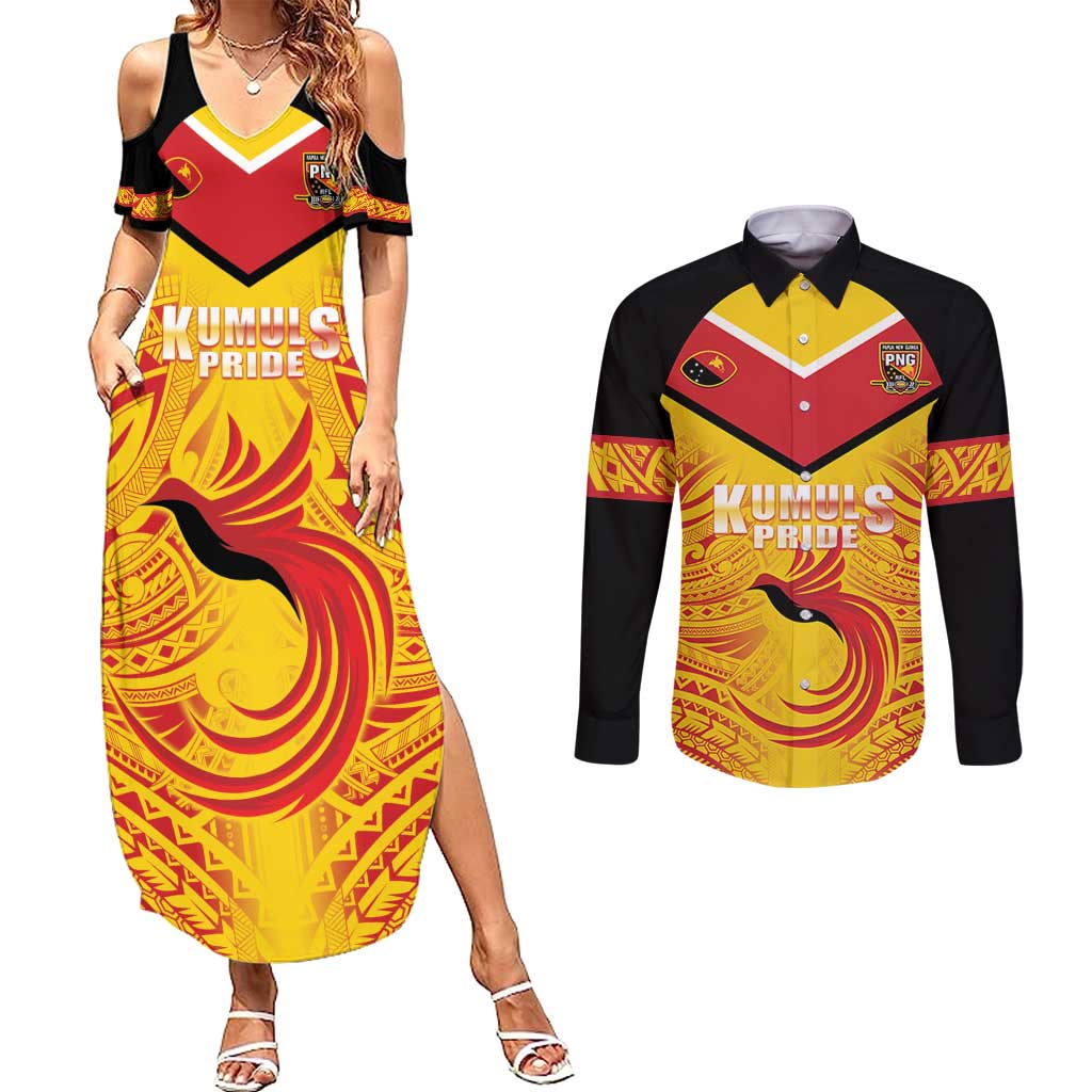 Papua New Guinea Rugby Custom Couples Matching Summer Maxi Dress and Long Sleeve Button Shirt Kumul Pride Go Champions LT05 Yellow - Polynesian Pride