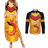 Papua New Guinea Rugby Custom Couples Matching Summer Maxi Dress and Long Sleeve Button Shirt Kumul Pride Go Champions LT05 Yellow - Polynesian Pride