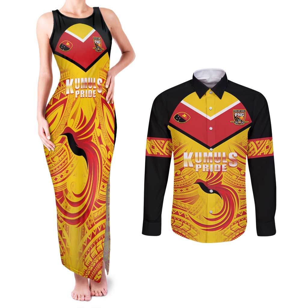Papua New Guinea Rugby Custom Couples Matching Tank Maxi Dress and Long Sleeve Button Shirt Kumul Pride Go Champions LT05 Yellow - Polynesian Pride