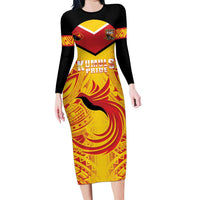 Papua New Guinea Rugby Custom Family Matching Long Sleeve Bodycon Dress and Hawaiian Shirt Kumul Pride Go Champions LT05 Mom's Dress Yellow - Polynesian Pride