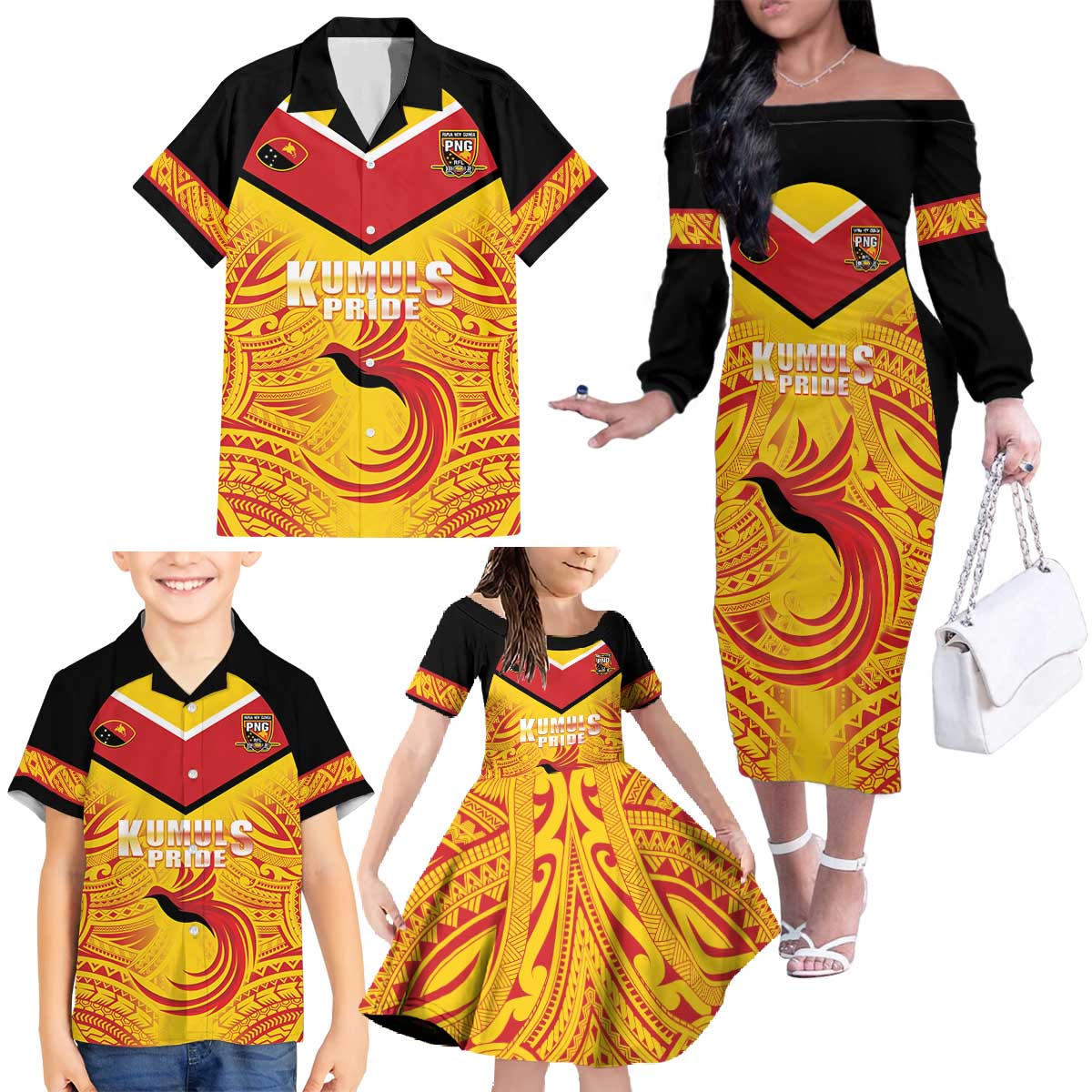 Papua New Guinea Rugby Custom Family Matching Off The Shoulder Long Sleeve Dress and Hawaiian Shirt Kumul Pride Go Champions LT05 - Polynesian Pride