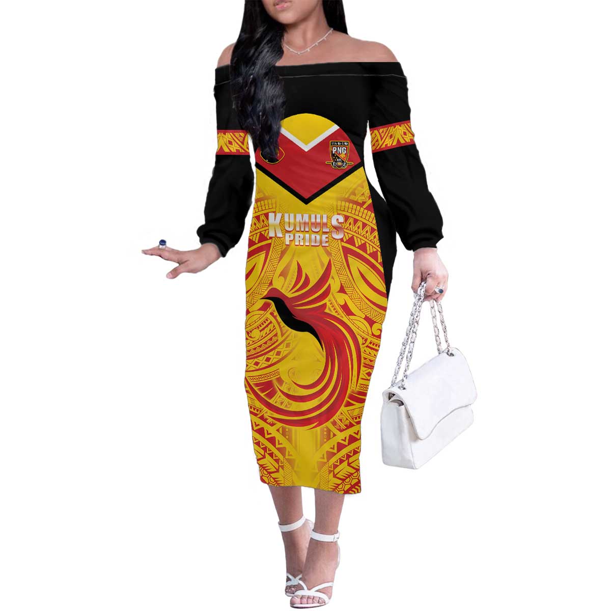 Papua New Guinea Rugby Custom Family Matching Off The Shoulder Long Sleeve Dress and Hawaiian Shirt Kumul Pride Go Champions LT05 Mom's Dress Yellow - Polynesian Pride