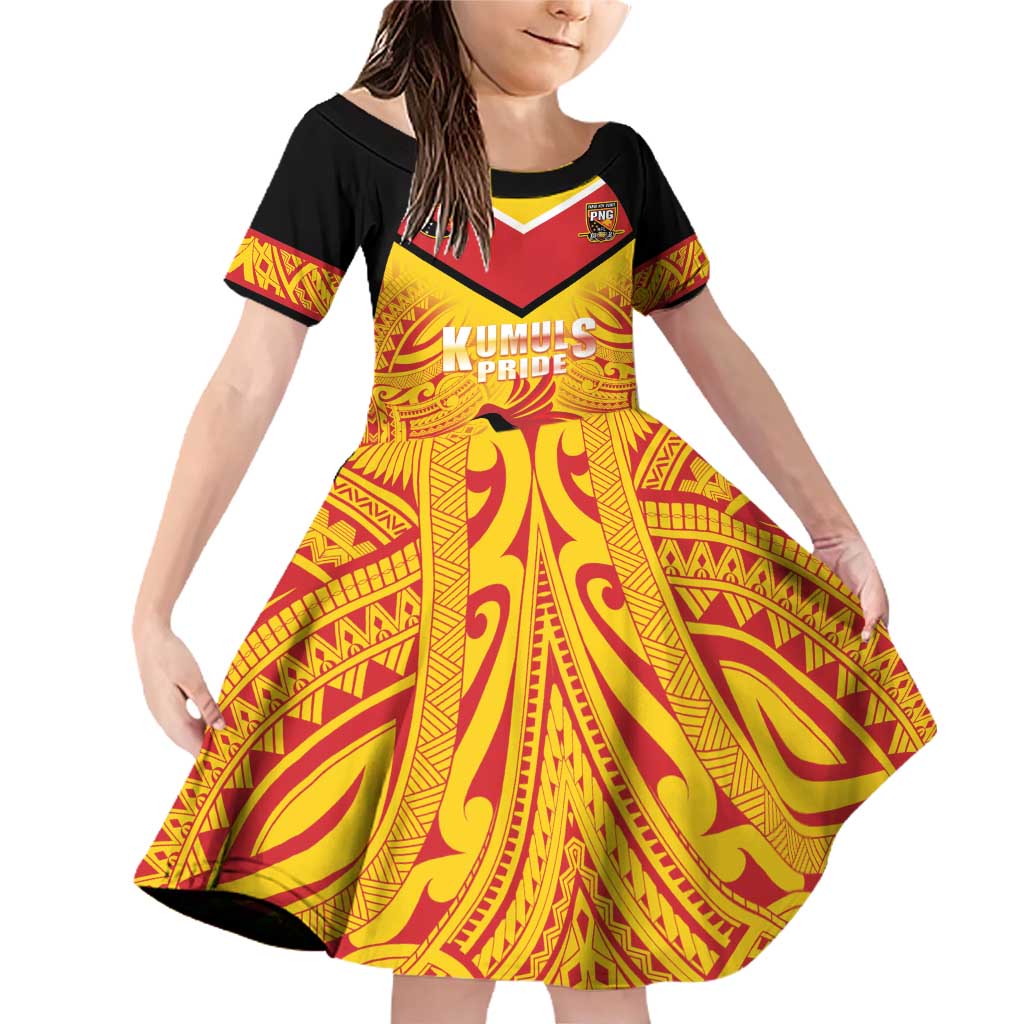 Papua New Guinea Rugby Custom Family Matching Off Shoulder Short Dress and Hawaiian Shirt Kumul Pride Go Champions LT05 Daughter's Dress Yellow - Polynesian Pride