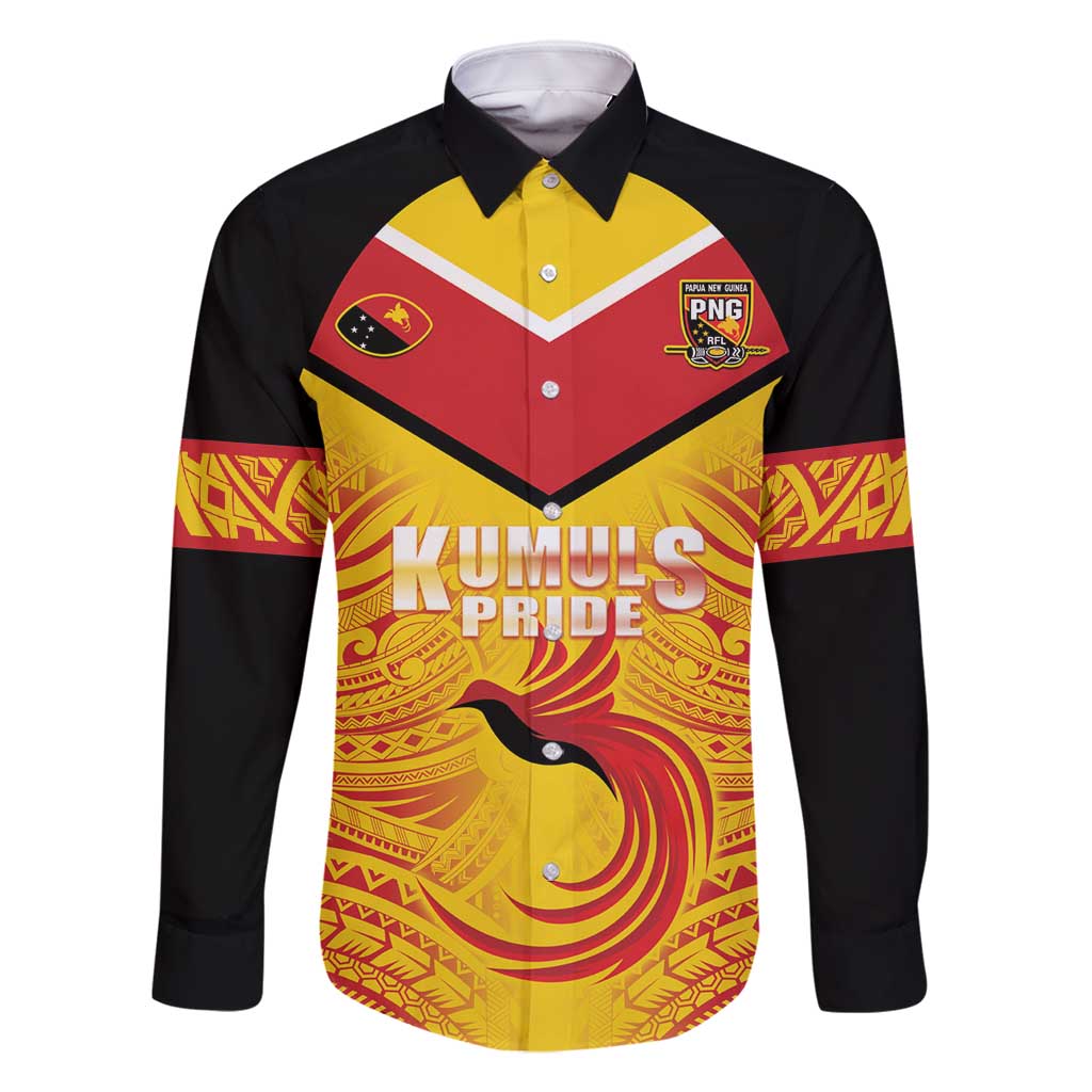 Papua New Guinea Rugby Custom Family Matching Off Shoulder Short Dress and Hawaiian Shirt Kumul Pride Go Champions LT05 Dad's Shirt - Long Sleeve Yellow - Polynesian Pride