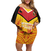 Papua New Guinea Rugby Custom Family Matching Off Shoulder Short Dress and Hawaiian Shirt Kumul Pride Go Champions LT05 Mom's Dress Yellow - Polynesian Pride