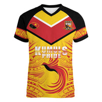 Papua New Guinea Rugby Custom Women V-Neck T-Shirt Kumul Pride Go Champions LT05 Female Yellow - Polynesian Pride