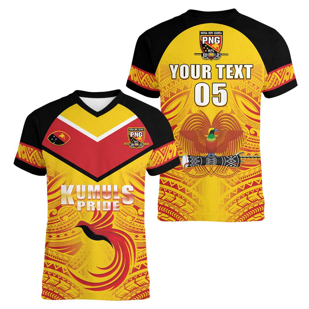 Papua New Guinea Rugby Custom Women V-Neck T-Shirt Kumul Pride Go Champions LT05 - Polynesian Pride