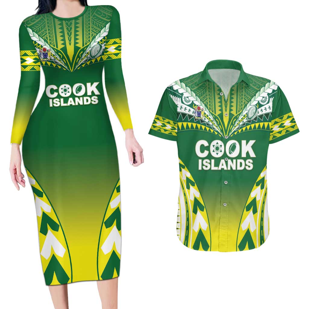 Cook Islands Rugby Custom Couples Matching Long Sleeve Bodycon Dress and Hawaiian Shirt The Kukis Go Champions LT05 Green - Polynesian Pride