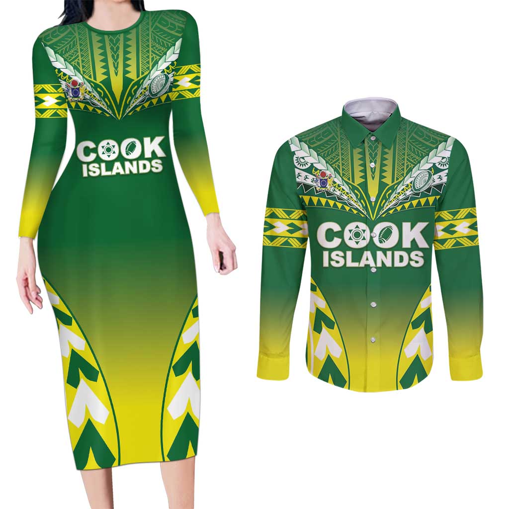 Cook Islands Rugby Custom Couples Matching Long Sleeve Bodycon Dress and Long Sleeve Button Shirt The Kukis Go Champions LT05 Green - Polynesian Pride