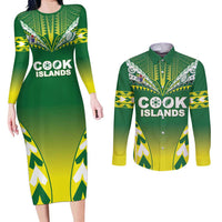 Cook Islands Rugby Custom Couples Matching Long Sleeve Bodycon Dress and Long Sleeve Button Shirt The Kukis Go Champions LT05 Green - Polynesian Pride