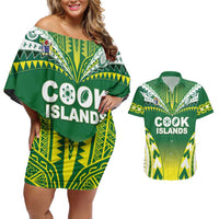 Cook Islands Rugby Custom Couples Matching Off Shoulder Short Dress and Hawaiian Shirt The Kukis Go Champions LT05 Green - Polynesian Pride