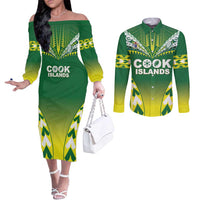 Cook Islands Rugby Custom Couples Matching Off The Shoulder Long Sleeve Dress and Long Sleeve Button Shirt The Kukis Go Champions LT05 Green - Polynesian Pride
