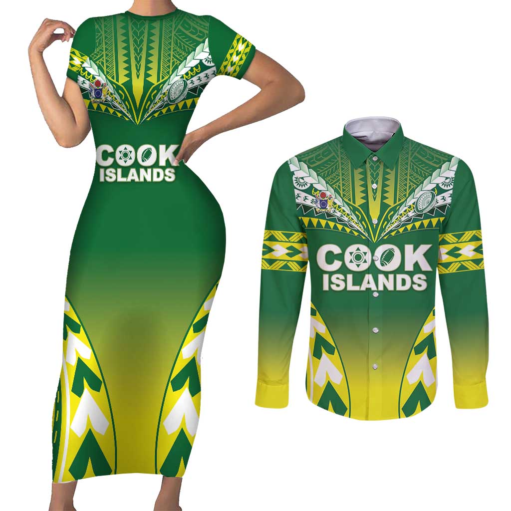 Cook Islands Rugby Custom Couples Matching Short Sleeve Bodycon Dress and Long Sleeve Button Shirt The Kukis Go Champions LT05 Green - Polynesian Pride