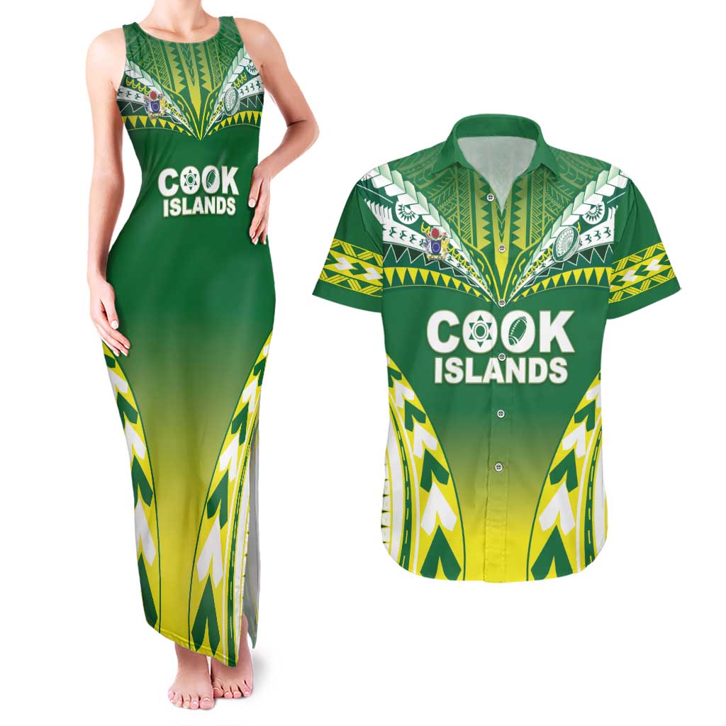 Cook Islands Rugby Custom Couples Matching Tank Maxi Dress and Hawaiian Shirt The Kukis Go Champions LT05 Green - Polynesian Pride
