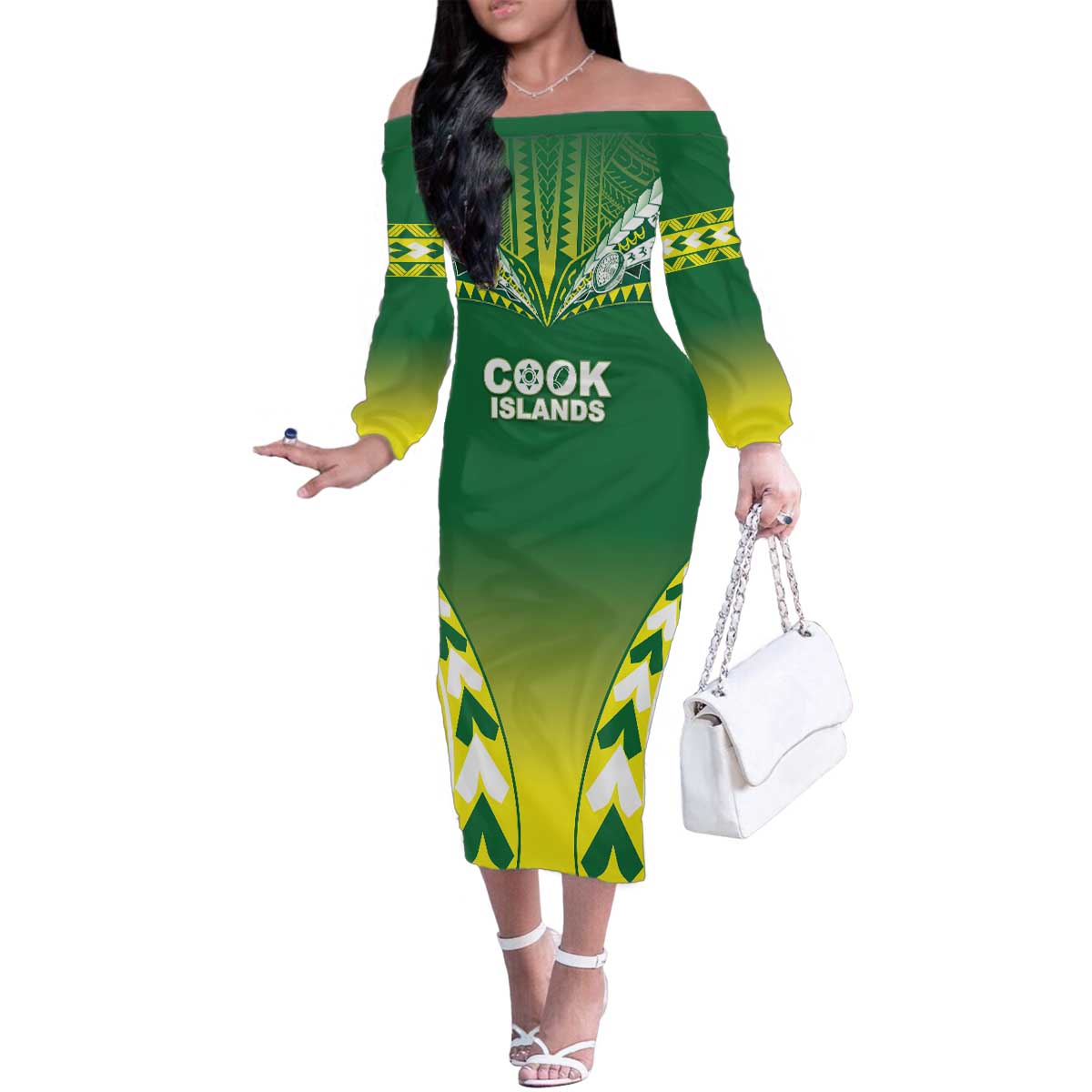 Cook Islands Rugby Custom Family Matching Off The Shoulder Long Sleeve Dress and Hawaiian Shirt The Kukis Go Champions LT05 Mom's Dress Green - Polynesian Pride