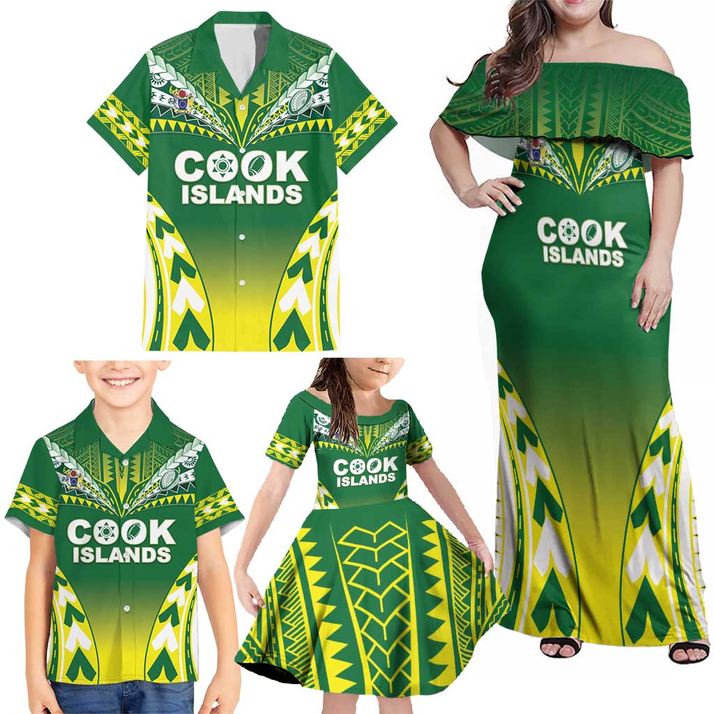 Cook Islands Rugby Custom Family Matching Off Shoulder Maxi Dress and Hawaiian Shirt The Kukis Go Champions LT05 - Polynesian Pride