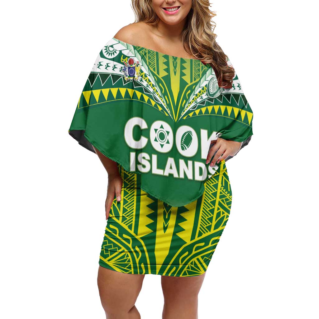 Cook Islands Rugby Custom Family Matching Off Shoulder Short Dress and Hawaiian Shirt The Kukis Go Champions LT05 Mom's Dress Green - Polynesian Pride