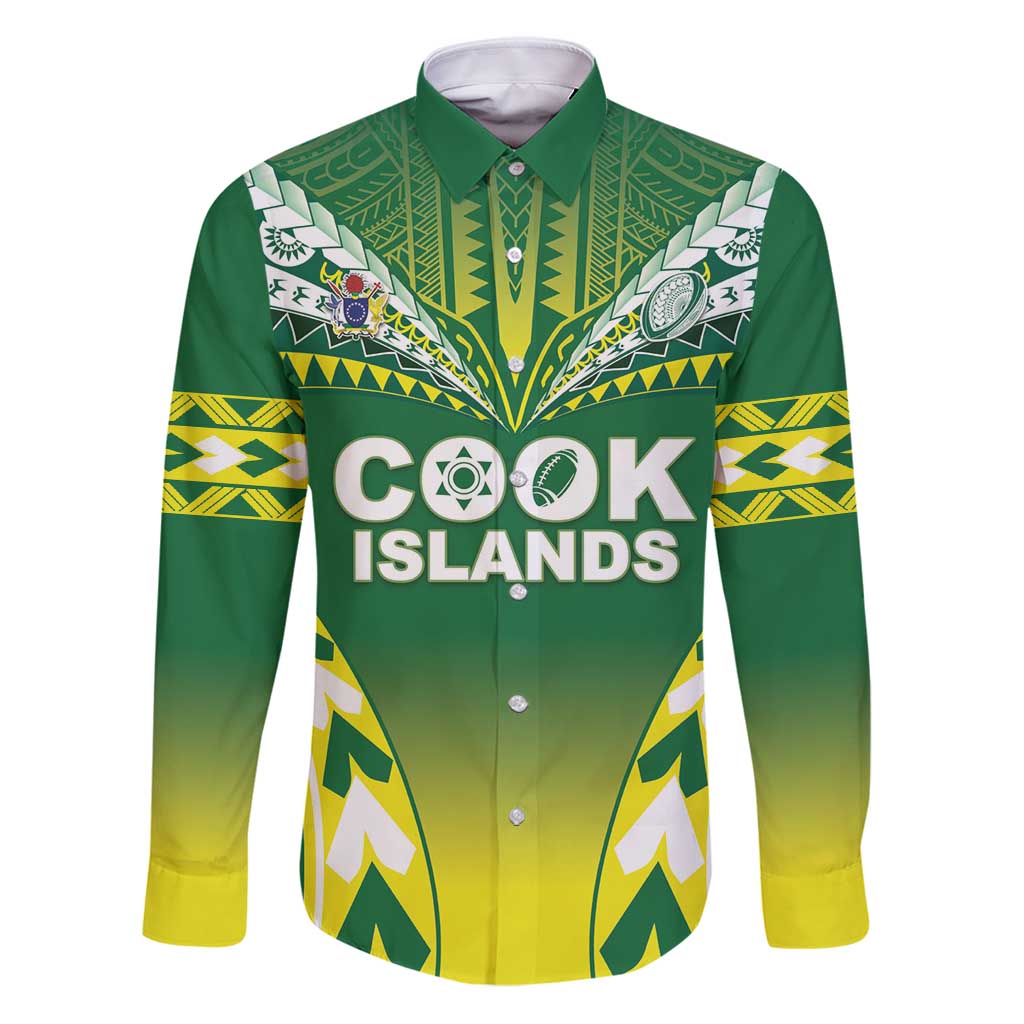 Cook Islands Rugby Custom Family Matching Puletasi and Hawaiian Shirt The Kukis Go Champions LT05 Dad's Shirt - Long Sleeve Green - Polynesian Pride